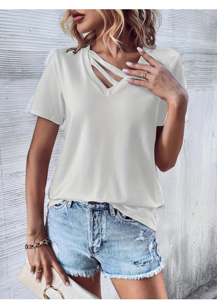 Mottisfashion Kadın Kısa Kollu V Yaka Şerit Detay Viskon Bluz modelleri