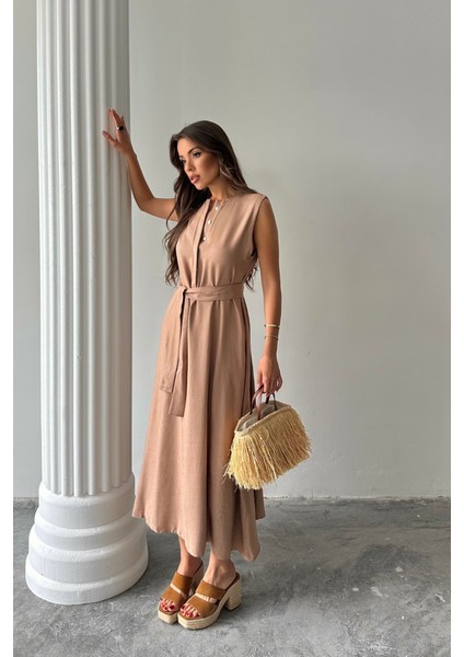 Mottisfashion Keten Elbise Kolsuz Bel Bağlamalı Maxi Elbise - Kahverengi