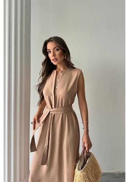 Mottisfashion Keten Elbise Kolsuz Bel Bağlamalı Maxi Elbise - Kahverengi fiyatları