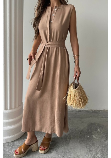 Mottisfashion Keten Elbise Kolsuz Bel Bağlamalı Maxi Elbise - Kahverengi modelleri