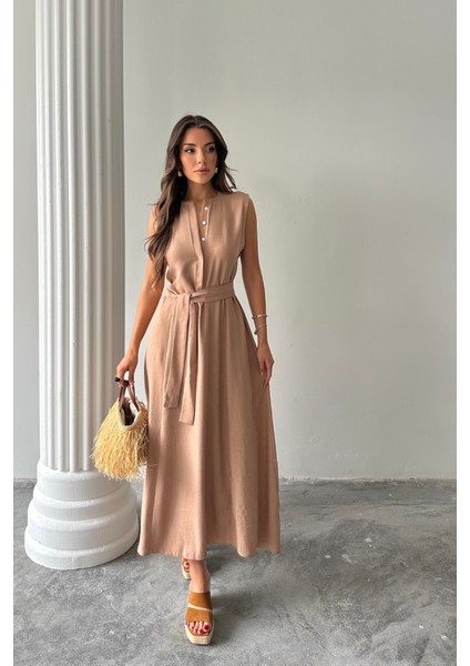 Mottisfashion Keten Elbise Kolsuz Bel Bağlamalı Maxi Elbise - Kahverengi fırsatları