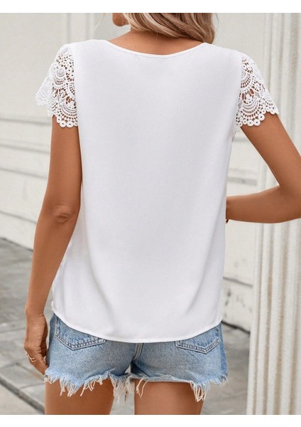 Mottisfashion Kadın Kısa Dantel Kollu Bisiklet Yaka Sandy Bluz modelleri