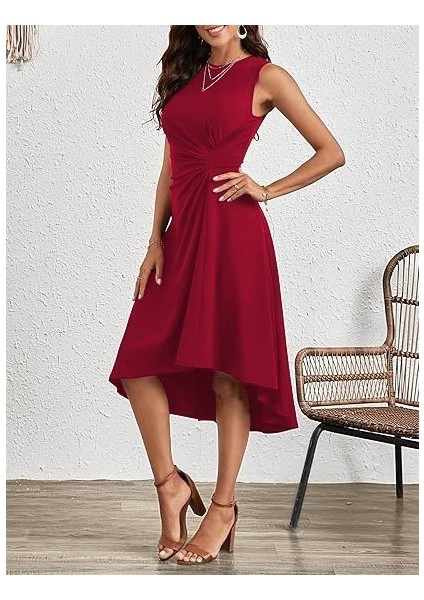 Mottisfashion Kadın Sıfır Kollu Bisiklet Yaka Büzgülü Asimetrik Kesim Detaylı Janjan Krep Elbise fiyatları