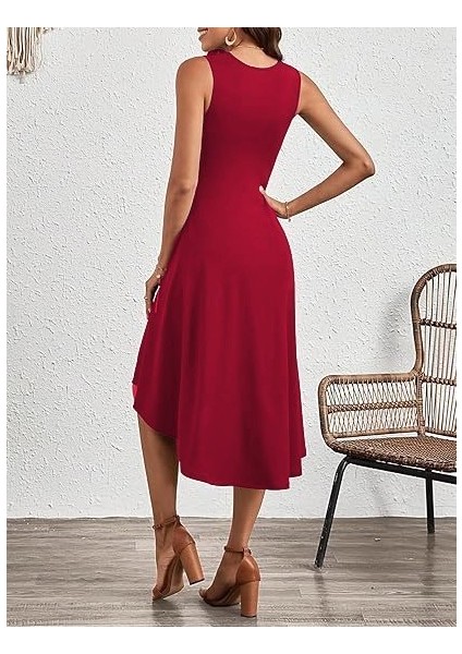 Mottisfashion Kadın Sıfır Kollu Bisiklet Yaka Büzgülü Asimetrik Kesim Detaylı Janjan Krep Elbise