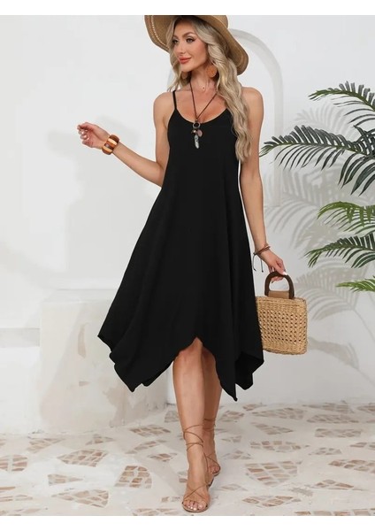 Mottisfashion Kadın Ip Askılı Yuvarlak Yakalı Asimetrik Kesim Viskon Elbise