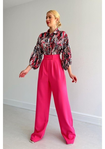 Mottisfashion Beli Lastikli Saten Gömlek - Fuşya