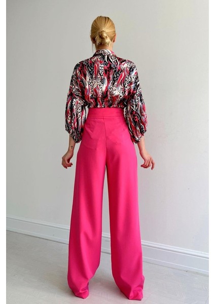 Mottisfashion Beli Lastikli Saten Gömlek - Fuşya modelleri