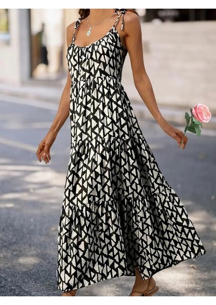 Mottisfashion Kadın Askılı Yuvarlak Yaka Fırfırlı Desenli Uzun Bürümcük Elbise fırsatları