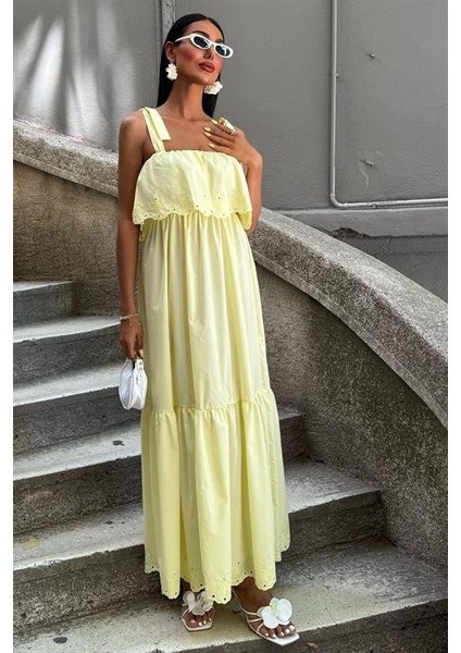 Mottisfashion Etek Ucu Brode Nakışlı Boyundan Bağlamalı Elbise 2881 fırsatları