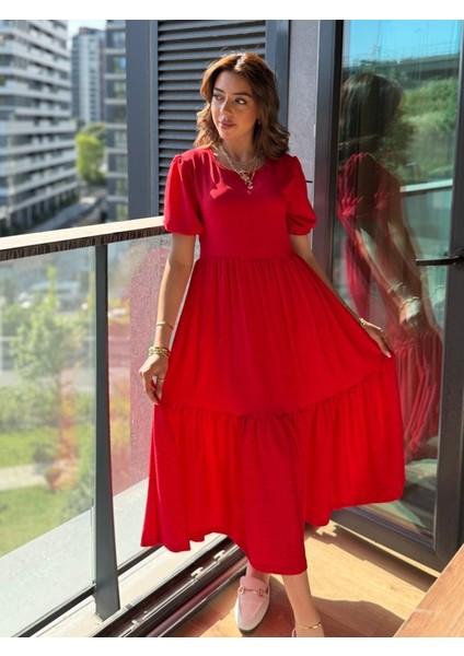 Mottisfashion Kadın Kısa Kollu Yakası Açık Katlı Bürümcük Balon Elbise