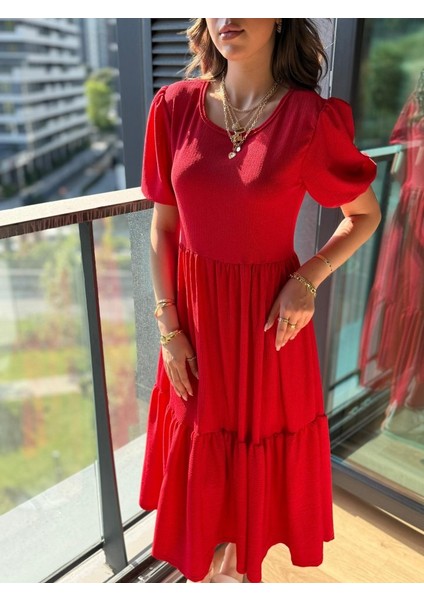 Mottisfashion Kadın Kısa Kollu Yakası Açık Katlı Bürümcük Balon Elbise fırsatları