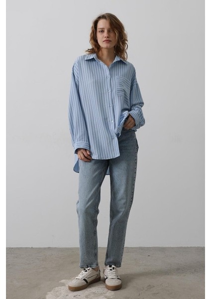 Mottisfashion Çizgili Tek Cep Gömlek - Bebe Mavisi