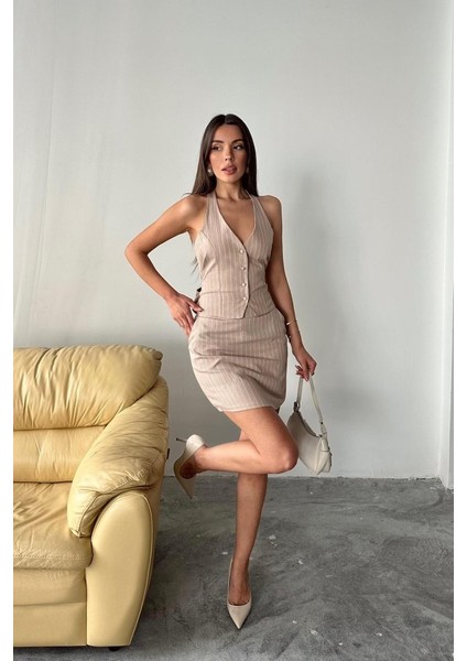 Mottisfashion Bej Çizgili Yelek ve Etek Takım