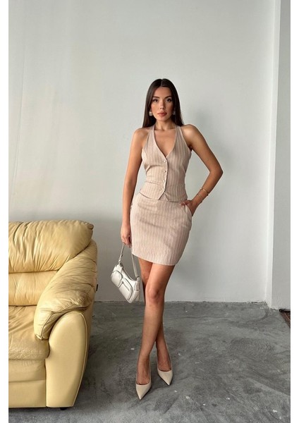 Mottisfashion Bej Çizgili Yelek ve Etek Takım fiyatları