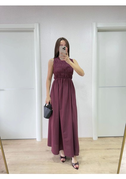 Mottisfashion Kolsuz Göğüs Lastıklı Uzun Elbise - Bordo modelleri