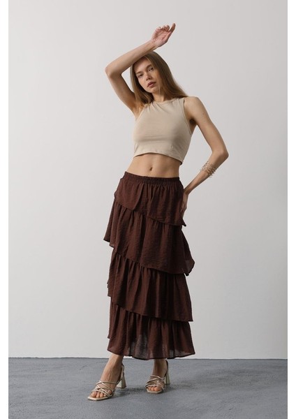 Mottisfashion Katlı Kesim Uzun Etek - Kahve
