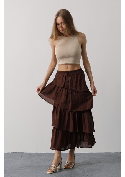 Mottisfashion Katlı Kesim Uzun Etek - Kahve modelleri