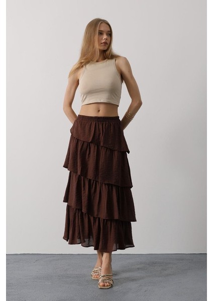 Mottisfashion Katlı Kesim Uzun Etek - Kahve fırsatları