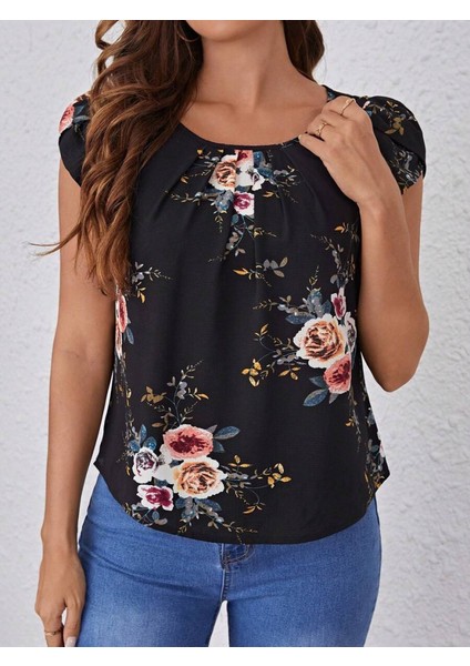 Mottisfashion Kadın Kısa Kollu Bisiklet Yaka Çiçek Baskılı Süprem Bluz