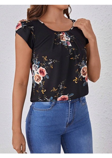 Mottisfashion Kadın Kısa Kollu Bisiklet Yaka Çiçek Baskılı Süprem Bluz fiyatları