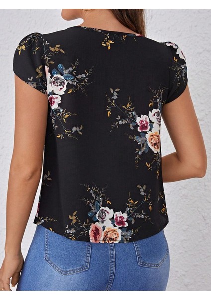 Mottisfashion Kadın Kısa Kollu Bisiklet Yaka Çiçek Baskılı Süprem Bluz modelleri