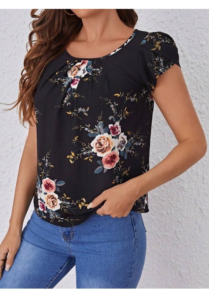 Mottisfashion Kadın Kısa Kollu Bisiklet Yaka Çiçek Baskılı Süprem Bluz fırsatları
