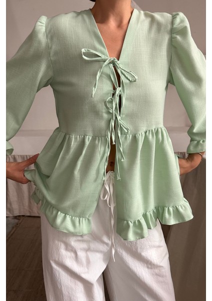 Mottisfashion Keten Bluz Önden Bağlamalı Fırfır Detaylı - Yeşil fiyatları
