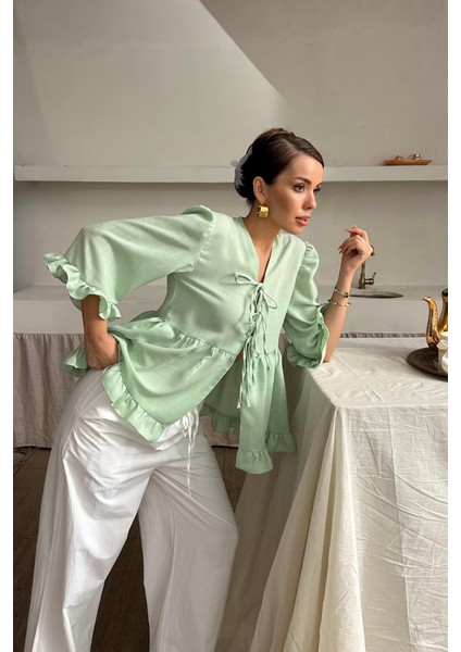 Mottisfashion Keten Bluz Önden Bağlamalı Fırfır Detaylı - Yeşil modelleri