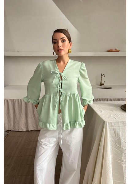 Mottisfashion Keten Bluz Önden Bağlamalı Fırfır Detaylı - Yeşil fırsatları