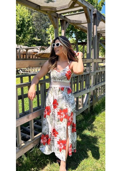 Mottisfashion Kadın Ip Askılı V Yakalı Bel Güpür Çiçek Desenli Yandan Yırtmaçlı Maksi Süprem Elbise