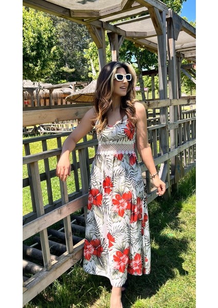 Mottisfashion Kadın Ip Askılı V Yakalı Bel Güpür Çiçek Desenli Yandan Yırtmaçlı Maksi Süprem Elbise modelleri
