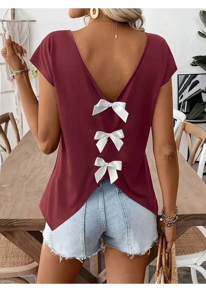 Mottisfashion Kadın Kısa Kollu V Yakalı Arkadan Kurdele Detaylı Viskon Bluz