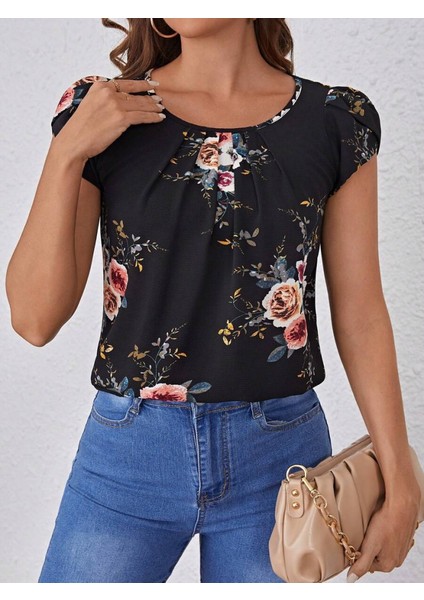 Mottisfashion Kadın Kısa Kollu Bisiklet Yaka Çiçek Baskılı Süprem Bluz indirimleri