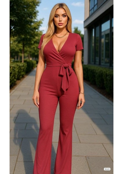 Mottisfashion Kadın Kruvaze Yaka Kısa Kollu Kuşaklı Tulum