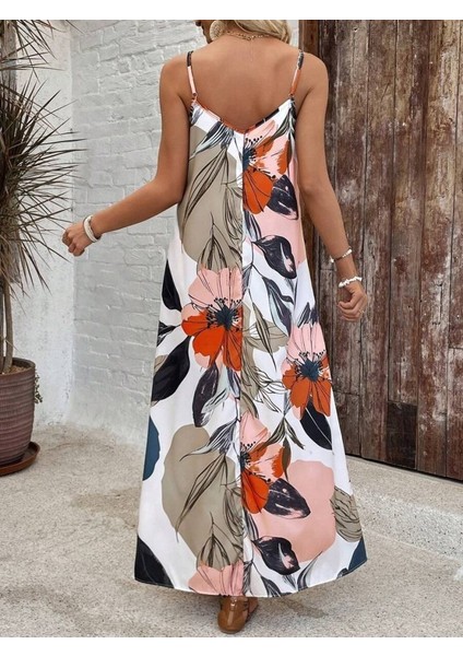 Mottisfashion Kadın Ip Askılı Geniş V Yakalı Desenli Süprem Elbise modelleri