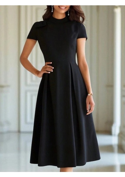 Mottisfashion Kadın Kısa Kollu Yarı Balıkçı Yaka Pileli Janjan Krep Midi Elbise modelleri