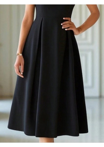 Mottisfashion Kadın Kısa Kollu Yarı Balıkçı Yaka Pileli Janjan Krep Midi Elbise fırsatları