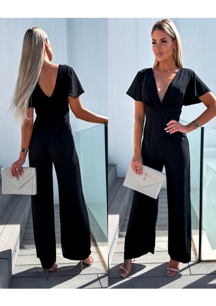 Mottisfashion Kadın Kısa Kollu Kruvaze Yaka Sırt Dekolteli Pegasus Kumaş Tulum