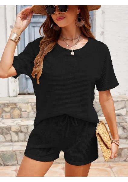 Mottisfashion Kadın Kısa Kollu Bisiklet Yaka Alt ve Üst Waffle Ikili Takım