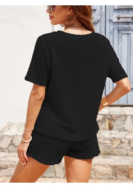Mottisfashion Kadın Kısa Kollu Bisiklet Yaka Alt ve Üst Waffle Ikili Takım fırsatları