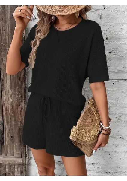 Mottisfashion Kadın Kısa Kollu Bisiklet Yaka Alt ve Üst Waffle Ikili Takım