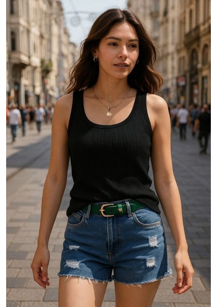Mottisfashion Kadın Askılı Örgü Detay Bluz
