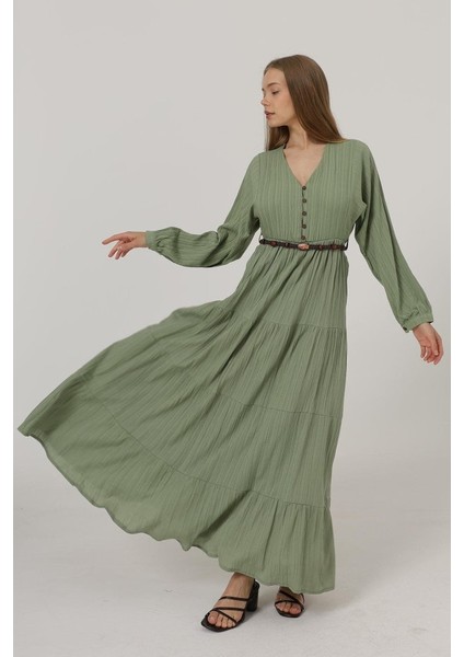 Mottisfashion Önü Yarım Düğmeli Uzun Kol Kemerli Elbise - Haki