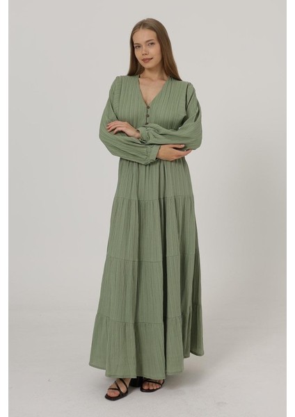 Mottisfashion Önü Yarım Düğmeli Uzun Kol Kemerli Elbise - Haki modelleri