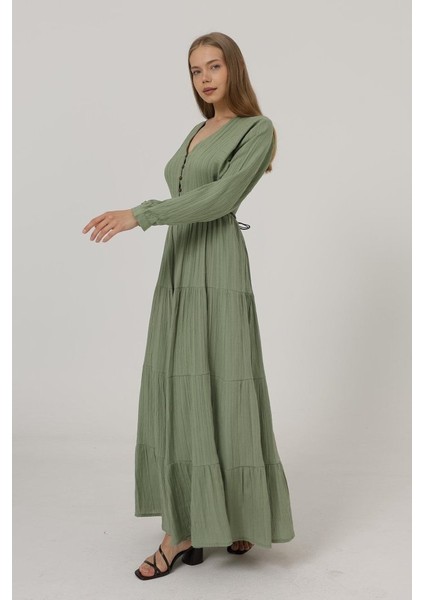 Mottisfashion Önü Yarım Düğmeli Uzun Kol Kemerli Elbise - Haki fırsatları