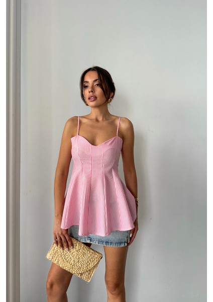 Mottisfashion Çizgili Gofre Askılı Pens Detaylı Bluz - Pembe modelleri