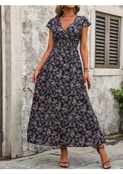 Mottisfashion Kadın Kısa Kollu Kruvaze Yakalı Çiçek Desenli Belden Lastikli Süprem Uzun Elbise fırsatları