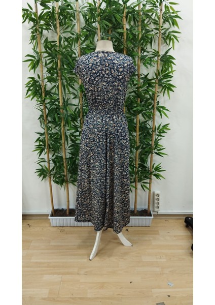 Mottisfashion Kadın Kısa Kollu Kruvaze Yakalı Çiçek Desenli Belden Lastikli Süprem Uzun Elbise