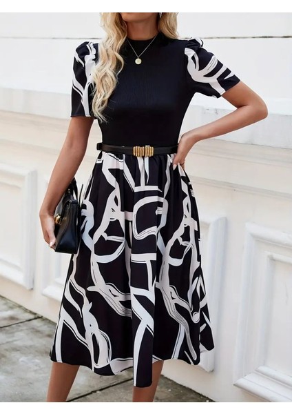 Mottisfashion Kadın Kısa Kollu Yarı Balıkçı Yaka Üst Viskon Alt Desenli Dokuma Midi Elbise