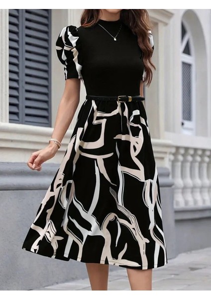 Mottisfashion Kadın Kısa Kollu Yarı Balıkçı Yaka Üst Viskon Alt Desenli Dokuma Midi Elbise indirimleri